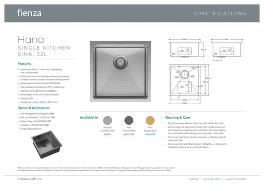 Hana Single Kitchen Sink 32L Kit