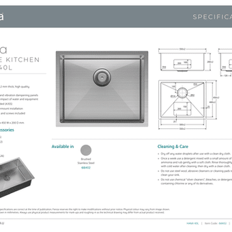 Hana Single Kitchen Sink 40L Kit
