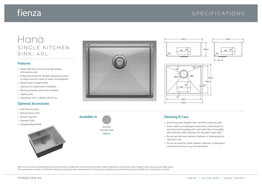Hana Single Kitchen Sink 40L Kit