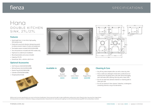 Hana Double Kitchen Sink 27L/27L Kit