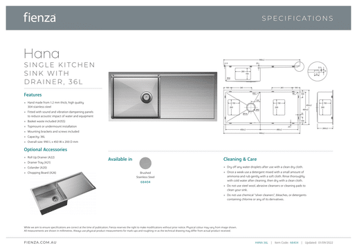 Hana Single Kitchen Sink 36L With Side Drainer Kit