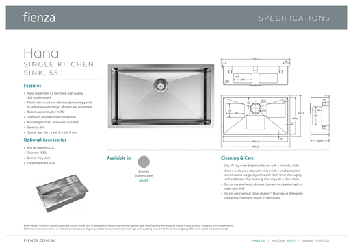 Hana Single Kitchen Sink 55L Kit