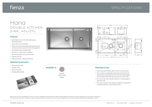 Hana Double Kitchen Sink 40L/27L Kit