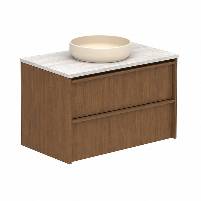 Bathroom vanity with a beige sink on a white background