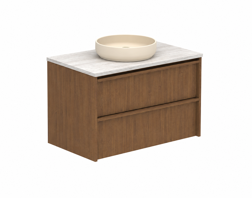 Bathroom vanity with a beige sink on a white background