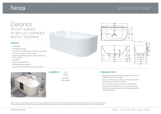 Eleanor Fluted Corner Right Hand Acrylic Bath