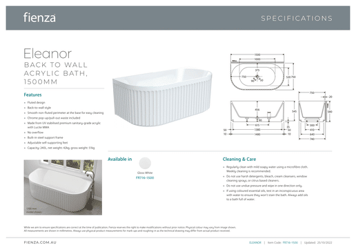 Eleanor Fluted Back To Wall Acrylic Bath