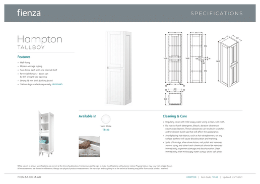 Hampton Wall Hung Satin White Tall Boy