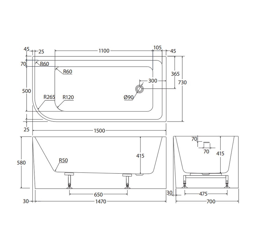 Hustle Multi-Fit Acrylic Bath With Overflow