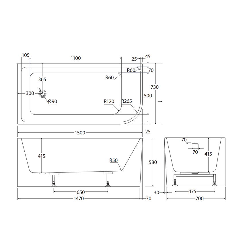 Hustle Multi-Fit Acrylic Bath With Overflow