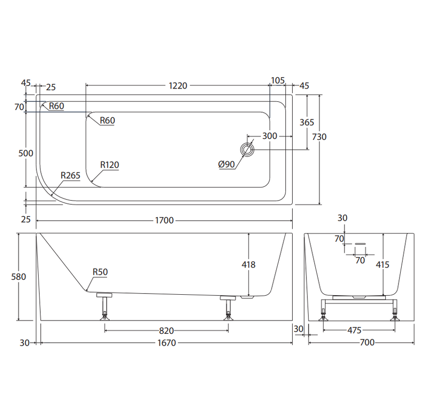 Hustle Multi-Fit Acrylic Bath With Overflow