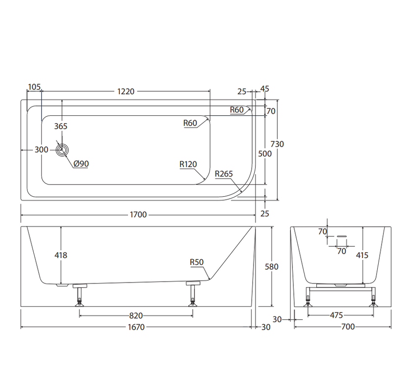 Hustle Multi-Fit Acrylic Bath With Overflow